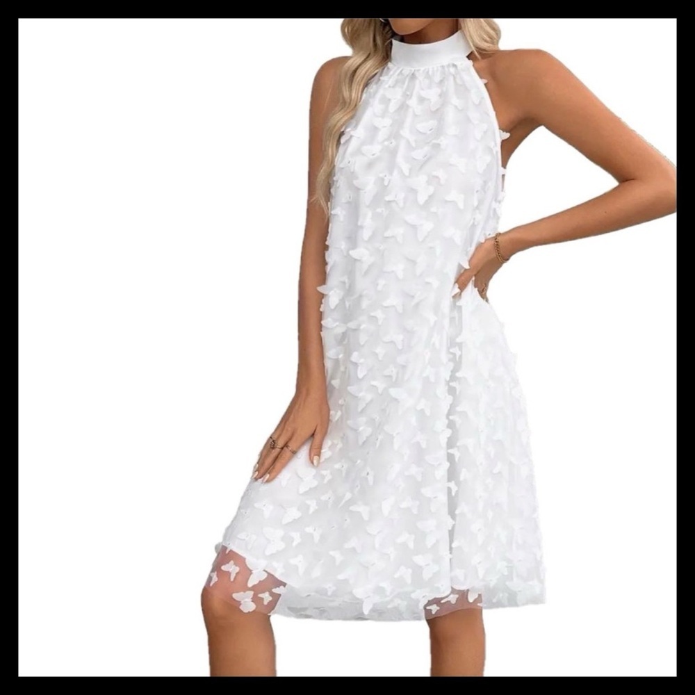 BOUTIQUE White Halter Knee Length 
Mesh Butterfly Dress